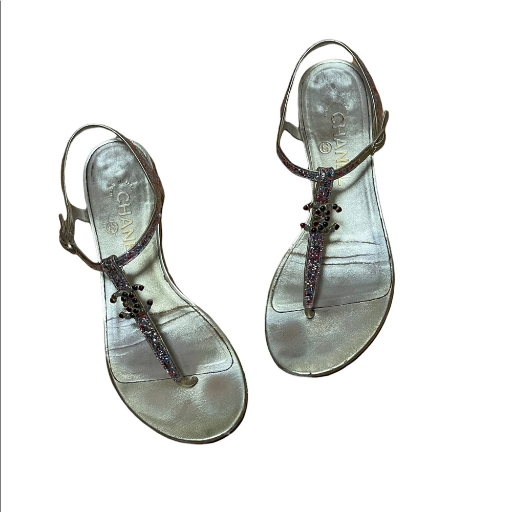 USED CHANEL GOLD LOW HEEL ANKLE STRAP SANDALS 37, RETAILS $960,00 !